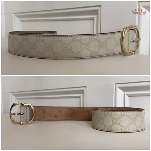 Authentic Gucci Cream GG Embossed Signature Leather Gold Pin Buckle Belt 85/34 - Picture 11 of 14